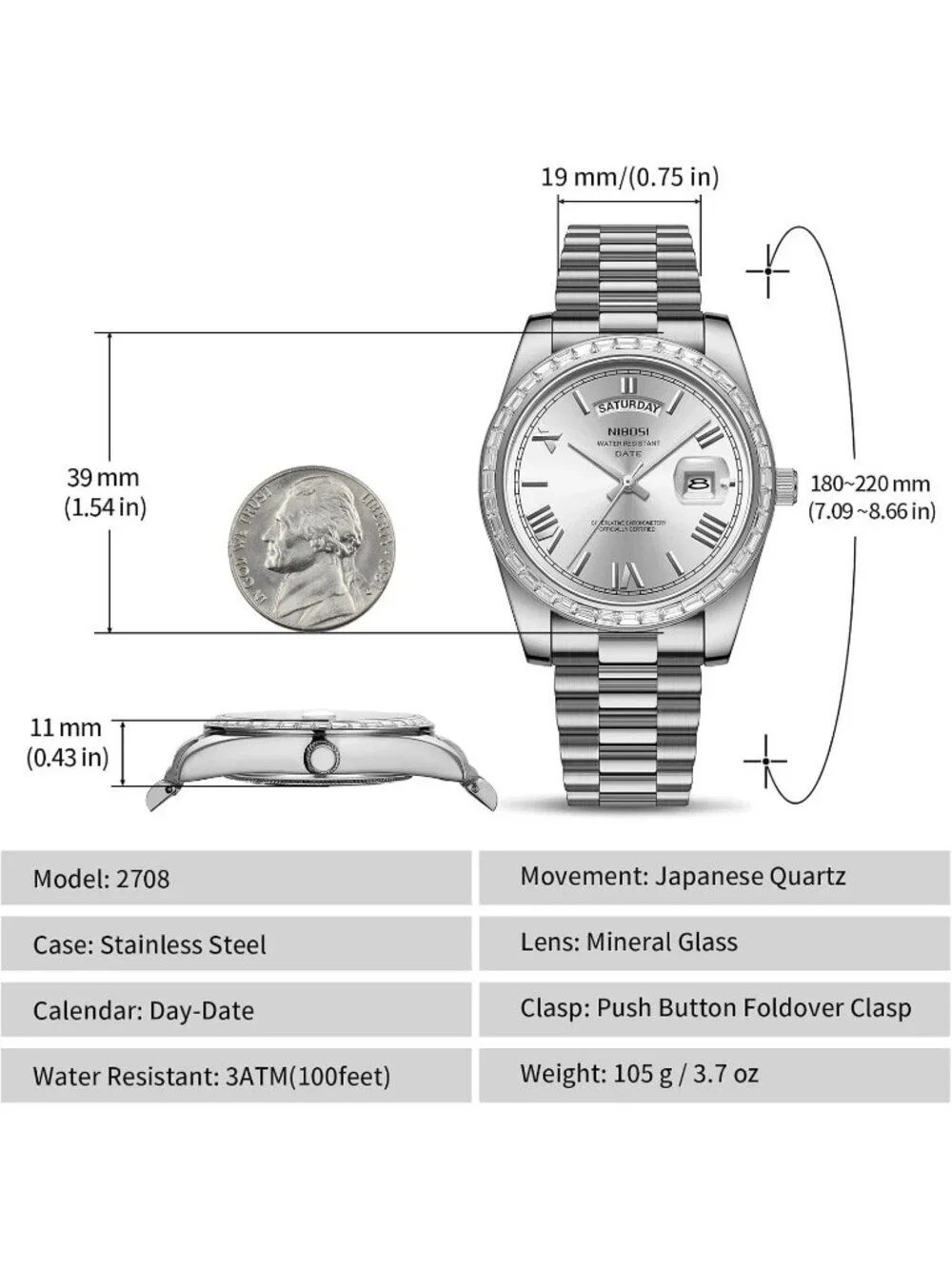 Nibosi Men's Silver Analog Quartz Diamond Bezel Stainless Steel Waterproof Watch